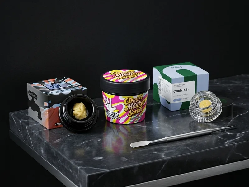 Cannabis concentrates and dab tools on dark marble