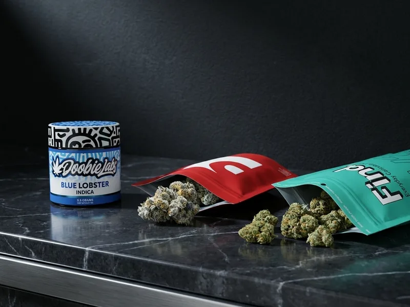Cannabis flower buds and branded bags on dark marble