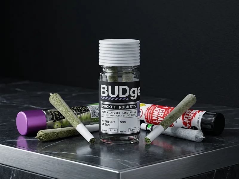 Cannabis pre-rolls and branded tubes on dark marble